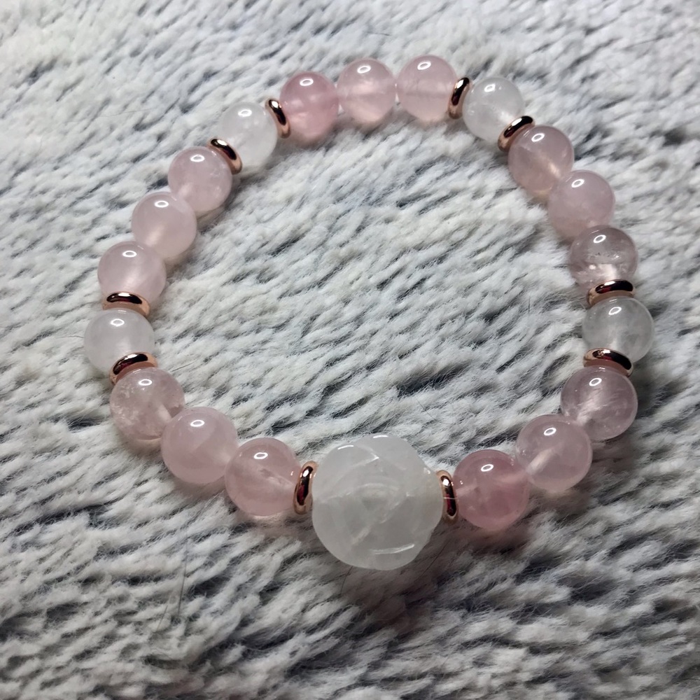 Rose Quartz and White Jade rose bracelet